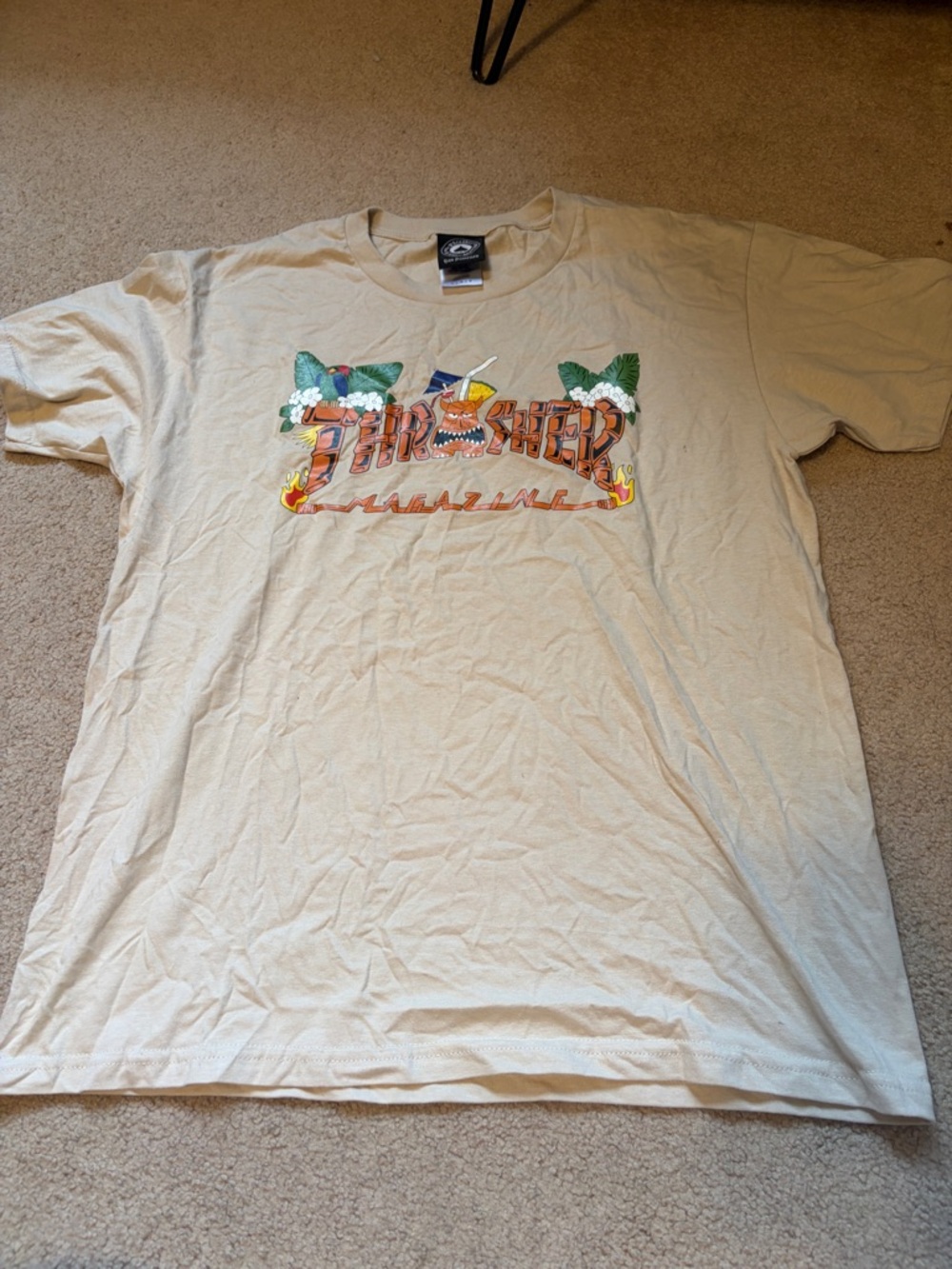 Thrasher Beige Short-Sleeve Tee with blue Multicolor Tropical Logo